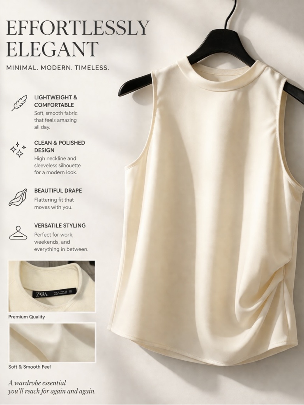 Zara Cream Sleeveless Satin-Look Camisole